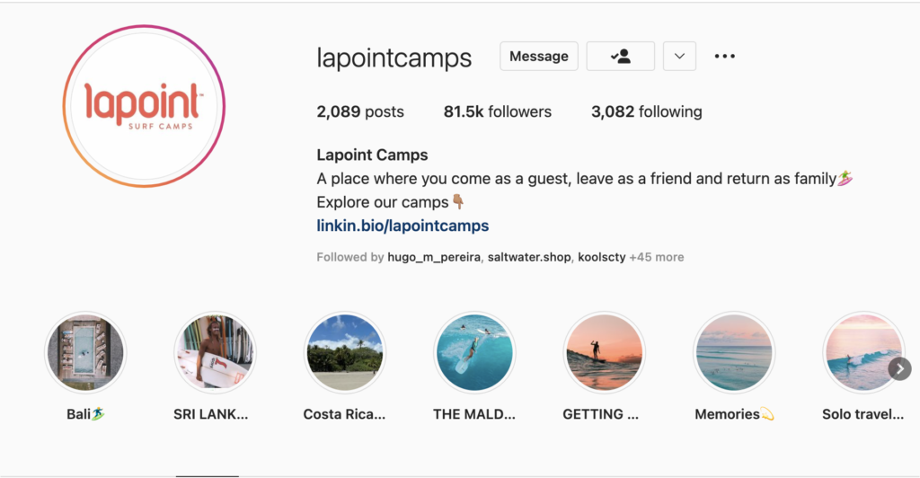 Instagram page for LaPoint Camps